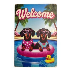 Dachshund Pool Party Welcome Sign – 12" x 8" Metal Wall Decor – Retro